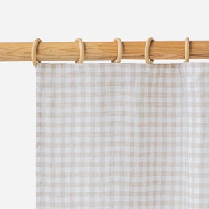 Natural Gingham Pencil Pleat Curtain – Semi Sheer Linen Drapes – Farmhouse Window Panel – Checkered Curtains – Living Room Curtains