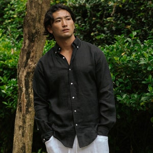 Black Linen Shirt for Men – Lightweight Long Sleeve Shirt – Casual Button Down – Summer Vacation Outfit – Ethical Menswear WENGEN