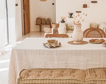 Striped in Natural Linen Tablecloth. Round, square, rectangular table linens. Custom linen fabric tablecloth.