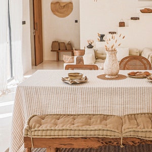 Striped in Natural Linen Tablecloth. Round, square, rectangular table linens. Custom linen fabric tablecloth.