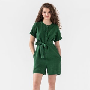 Short sleeve linen romper AVALON in Green / Oversized linen romper / Linen clothing / Women’s playsuit