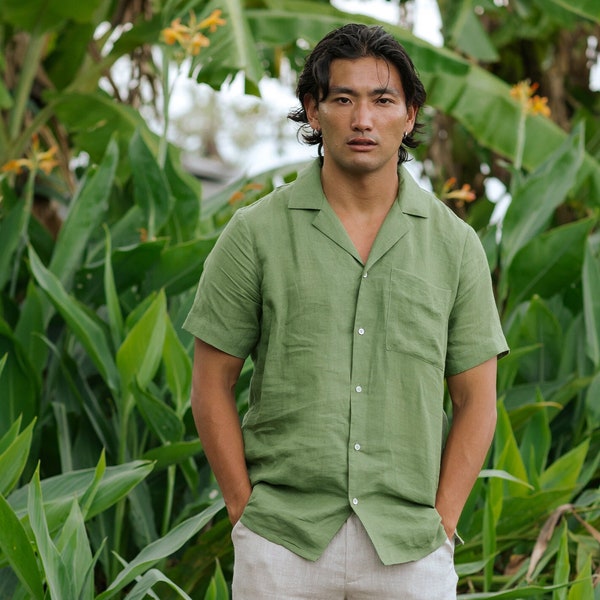 Short sleeve men's linen shirt HAWI in Forest green | Hawaiian linen shirt | Button up lightweight linen shirt | Mens clothing