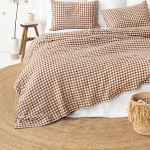 Linen duvet cover in Cinnamon gingham. Queen King duvet cover. Farmhouse bedding. Checkered bedding. 100% linen. Custom sizes available image 3