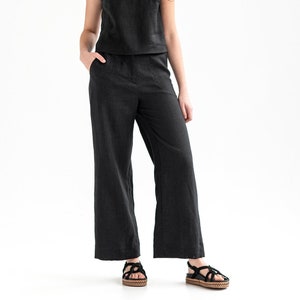 Wide linen pants BANFF in Black / Palazzo trousers / Regular fit linen pants / Elastic waist / Classic pants