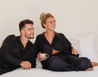 Linen pajama set Aveira. Black linen pajama. Loungewear for Women