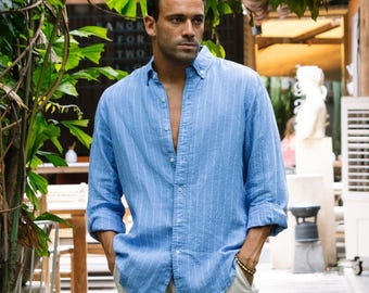 Linnen herenshirt – blauw gestreept shirt met lange mouwen – lichtgewicht linnen shirt – relaxte pasvorm button-down shirt – SINTRA