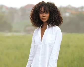 Linen shirt CALPE in White | Button up shirt with long sleeves | Oversized lightweight linen shirts for women | Summer top