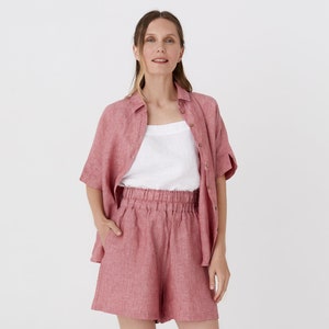 Cranberry Linen Shorts for Women – Wide Leg High Waist Chambray Linen Shorts with Pockets – Relaxed Fit Summer Travel Shorts CUENCA