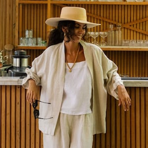 Linen Kimono Jacket for Women – Natural Melange Linen Cardigan – Open Front Loose Fit Lightweight Jacket with Shawl Collar BANOS