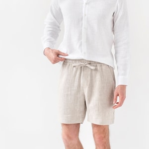 Linen shorts for men STOWE in Natural melange / Drawstring shorts / Loose shorts with pockets / Linen clothes for men