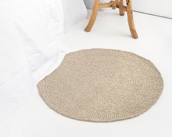 Hand knitted linen rug | Zero waste linen | Accent rug | Bath mat | Round living room rug | Boho rug bedroom