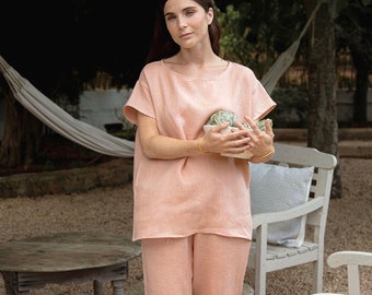 Linen pajama set RAVELLO in peach | Linen pyjama | Linen lounge set | Linen set for women