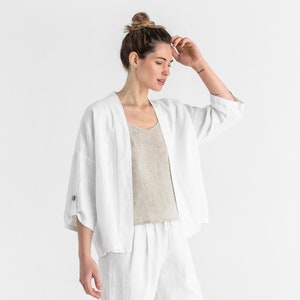 Linen Kimono Jacket for Women – Lightweight White Cardigan with Shawl Collar – Loose Fit Open Front Linen Blazer for Layering BANOS