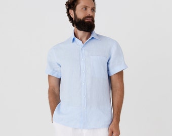 Blue Men's Linen Shirt – Short Sleeve Lightweight Shirt – Breathable Casual Vacation Top – Ethical Stonewashed Shirt VERBIER