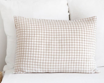 Linen pillow case in natural gingham | Envelope closure, checkered pillow cover | Standard, queen, king, custom sizes | Home Decor