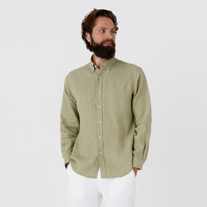 Sage Green Linen Shirt for Men – Long Sleeve Lightweight Button Down Shirt – Relaxed Fit Summer Shirt – Natural Style SINTRA