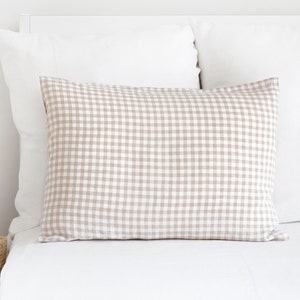 Natural Gingham Linen Pillowcase – Soft Stonewashed Sham – Custom Size Breathable Flax Cushion Cover – Rustic Neutral Bedding Accent