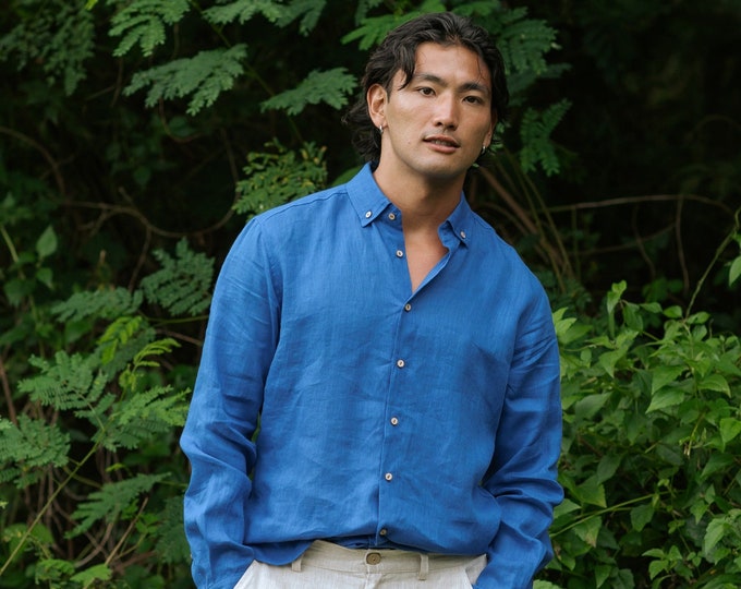 Linen shirt for men NEVADA in Classic blue | Long sleeve button up summer shirt for men | Regular fit | Lightweight linen