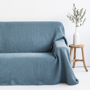 Linen Couch Cover – Gray Blue Waffle Sofa Throw – Full Coverage Washable Protector – Stonewashed Cotton Blend – Calm Modern Home Decor