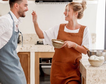 Pinafore-Leinenschürze. Japanische Schürze mit gekreuztem Rücken. Leinenschürzen ohne Krawatten für Damen. Leinenschürze.