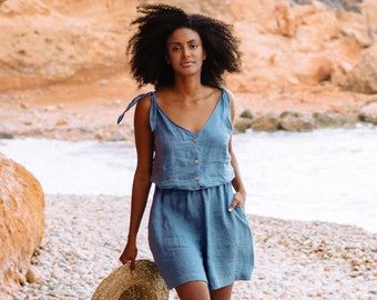 Linen romper MENDOCINO. Linen playsuit in Ocean blue. Summer overall for women. Short linen jumpsuit. Linen clothing for women