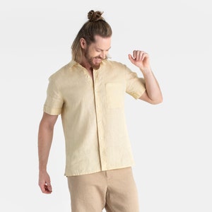 Men's linen shirt VERBIER in cream. Short sleeve linen shirt for men. Lightweight button up shirt. Mens clothing. Gift for husband image 3