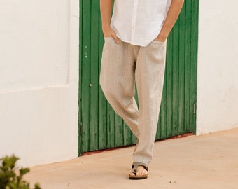 Men's linen pants TRUCKEE in Natural melange / Mens trousers / Elastic waist / Cargo pants / Linen clothing for men