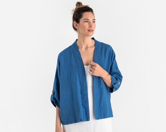 Cardigan en lin BANOS bleu cobalt. Veste kimono pour femme. Cardigan ouvert sur le devant. Vêtements durables