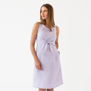 Lilac Linen Midi Dress with Pockets – Sleeveless Fit and Flare Style – Boho Bridesmaid Summer Outfit – Elegant Tie Front Linen Clothing EDEN