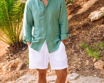 Linen shorts for men STOWE. Drawstring shorts. Casual, elastic waist, loose shorts with pockets. Linen clothes for men.