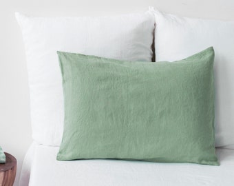 Linen pillow case in Matcha Green color. Softened, washed, custom size pillowcase.