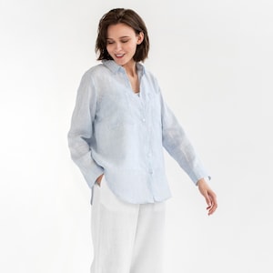 Pinstripe Blue Linen Shirt – Oversized Lightweight Button Up with Long Sleeves – Women’s Striped Relaxed Summer Shirt with Pockets CALPE