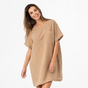 Linen Mini Dress – Brown Windowpane T-Shirt Tunic for Women – Oversized Summer Dress – Boho Linen Dress with Pockets – Relaxed Fit MIJAS