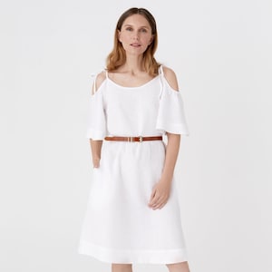 Witte linnen midi-jurk – cold-shoulder linnen jurk met zakken – soepelvallende resortkleding – oversized boho-jurk – strandjurk voor dames THASSOS