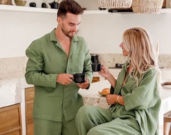 Men's linen pajama set VIGO, Green pajama set, Gifts for men, Linen sleepwear