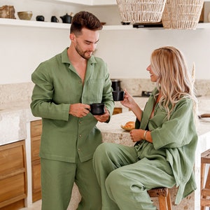 Men's linen pajama set VIGO, Green pajama set, Gifts for men, Linen sleepwear