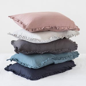 Ruffled Linen Pillowcase in Soft Stone Washed Flax – Envelope Closure Cushion Cover – Cottagecore Bedroom or Farmhouse Decor Accent