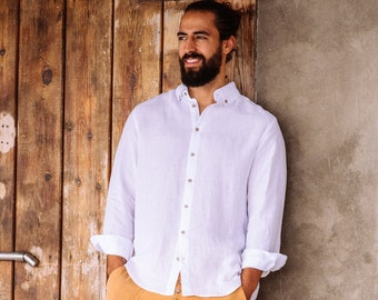 Linen shirt for men NEVADA in White / Long sleeve linen shirt with buttons / Summer shirt / Linen clothing for men
