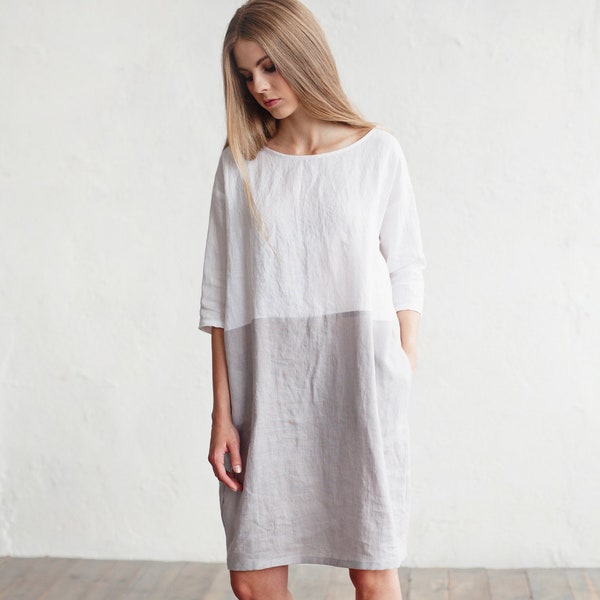 Color-block linen dress ADRIA / Midi white and gray linen tunic dress