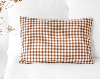 Linen pillow case in Cinnamon gingham. Couch pillows. Standard, queen, king, custom size pillow cover