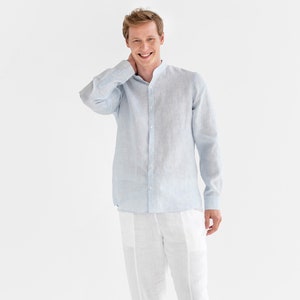 Lightweight men's linen shirt BONAIRE in Pinstripe blue | Band collar linen shirt | Long sleeve shirt | Button barrel cuffs