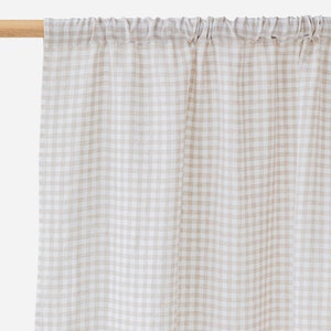 Natural Gingham Linen Curtain Panel – Semi Sheer Farmhouse Window Drapes – Soft Rod Pocket Curtain – Custom Size Country Style Check Drapery