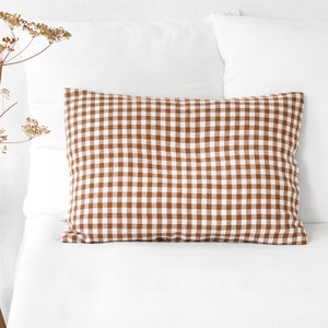 Linen pillow case in Cinnamon gingham. Couch pillows. Standard, queen, king, custom size pillow cover image 1