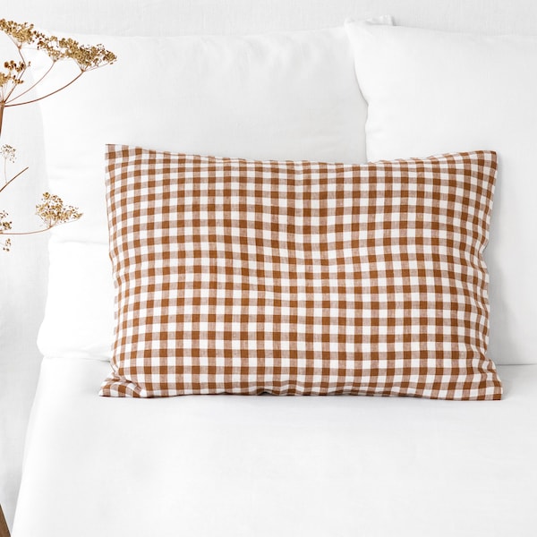 Linen pillow case in Cinnamon gingham. Couch pillows. Standard, queen, king, custom size pillow cover