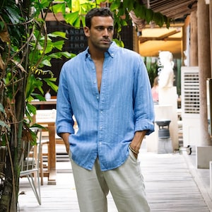 Men's long sleeve linen shirt SINTRA. Blue striped shirt for men. Button down shirt. Mens linen clothing. Summer shirt image 1