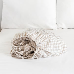 Linen Fitted Sheet – Natural Gingham Check Linen Bedding – Queen King Deep Pocket Sheet – Soft Moisture Wicking Stonewashed OEKO Bed Sheet