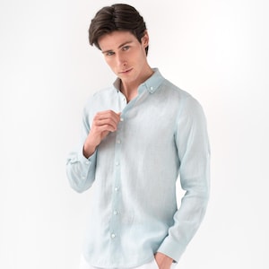 Stoffig blauw linnen shirt voor heren – zomershirt met lange mouwen – lichtgewicht button-up – ademende, ontspannen pasvorm – ethische strandkledingtop CORONADO