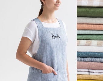 Personalized apron for women. Embroidered apron. Pinafore linen apron. Monogrammed apron. Japanese cross back apron. Custom name