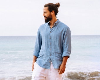 Linen shirt for men NEVADA in Ocean blue / Long sleeve, classic linen shirt with buttons / Summer shirt / Linen clothing for men