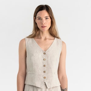 レディースリネンベスト - ナチュラルメランジノースリーブトップス - ボタンフロントウエストコート - 調節可能なリネンウェア - 重ね着アイテム OBIDOS